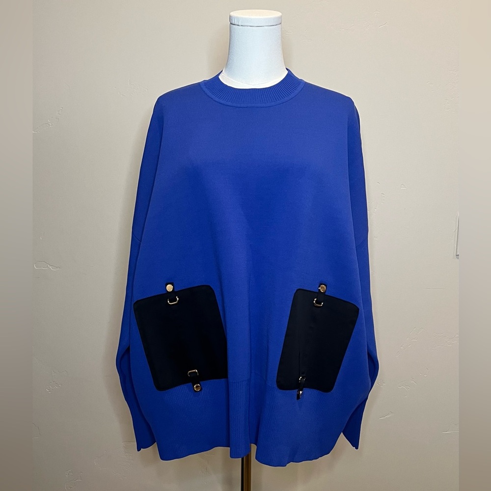 Aleeza Paris Cobalt Blue Sweater with Black Satin Accents